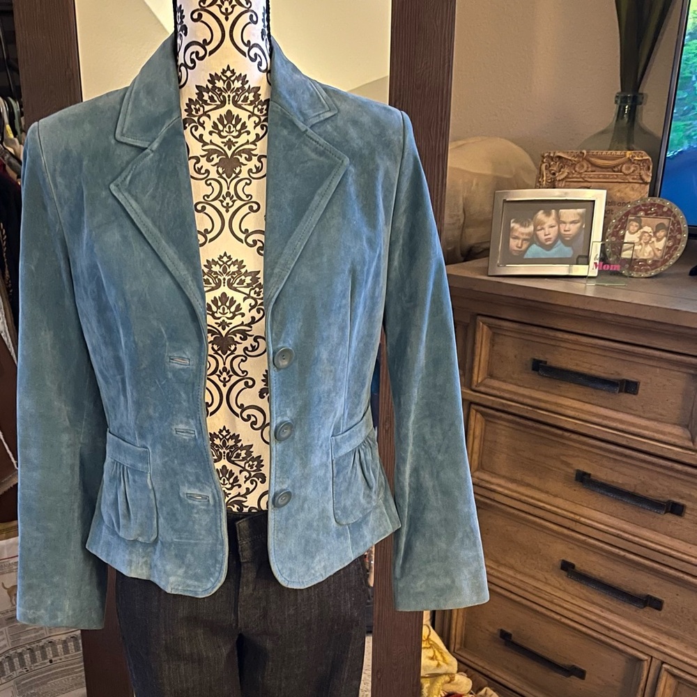 Petite sophisticate suede teal, leather jacket.
